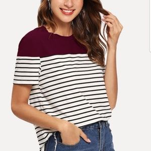 Burgundy Color Block Striped Tee Size Large
